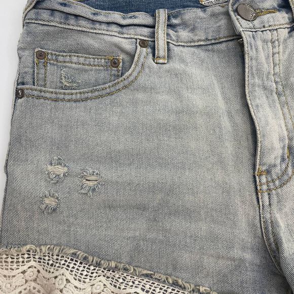 Free People Jean Shorts Womens 26 Distressed High Waist Lace Trim Boho Festival - Picture 4 of 7